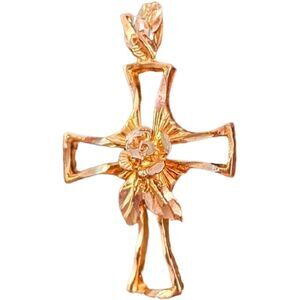 Gold Over Sterling Diamond Cut 3D Rose Open Cross Pendant